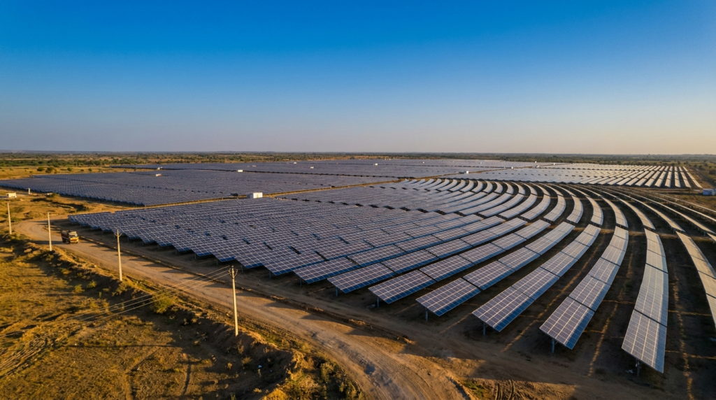 A vibrant photograph of a solar power plant with rows of shiny solar panels stretching towards the horizon under a clear blue sky.