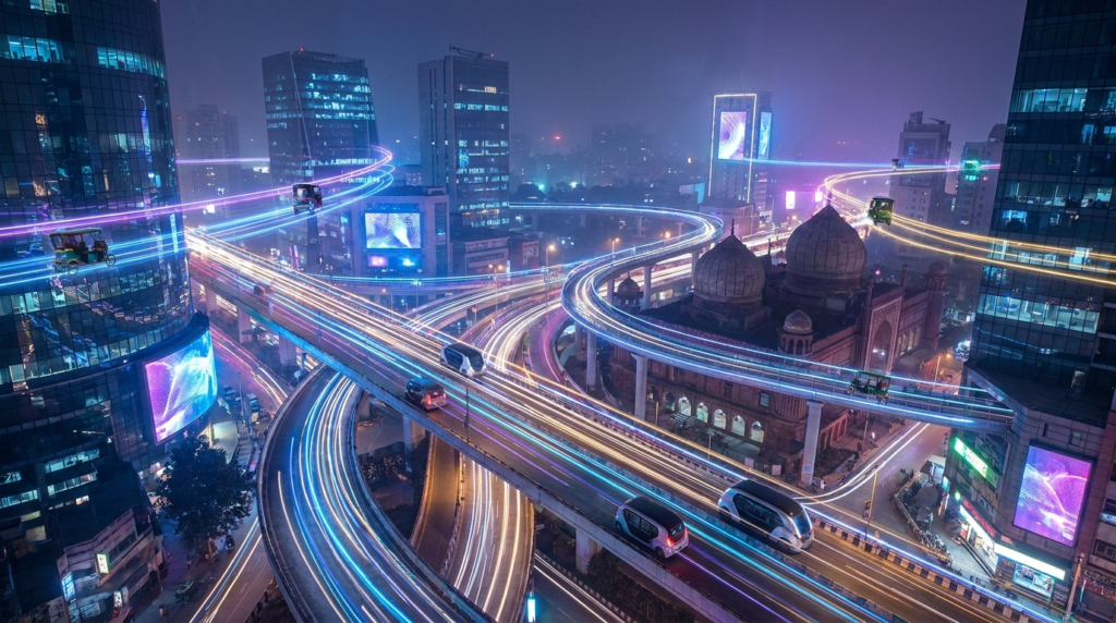 A stylized depiction of a futuristic Indian cityscape at night, with glowing lines of data traffic connecting buildings and vehicles, representing the advanced connectivity and smart city infrastructure enabled by 5G.