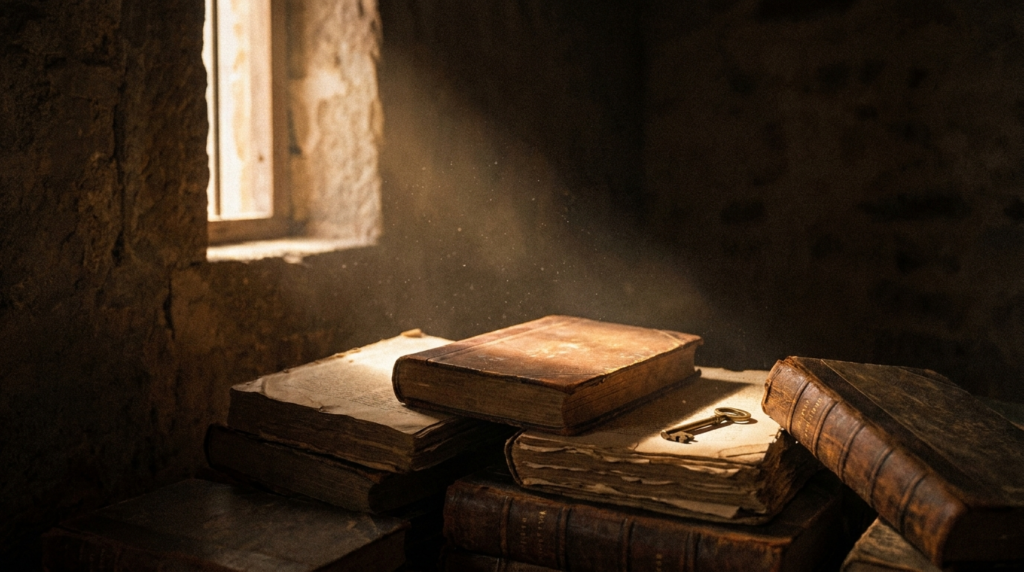 A dimly lit, atmospheric shot of a stack of old books with a single spotlight illuminating one of them, suggesting mystery and hidden secrets.