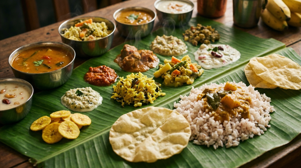 A close-up shot of a traditional Kerala Sadya spread, with various dishes arranged aesthetically on a banana leaf