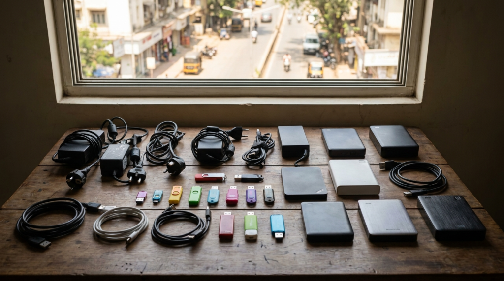 A collection of various laptop chargers, USB drives, and external hard drives arranged neatly on a desk, illustrating connectivity accessories.