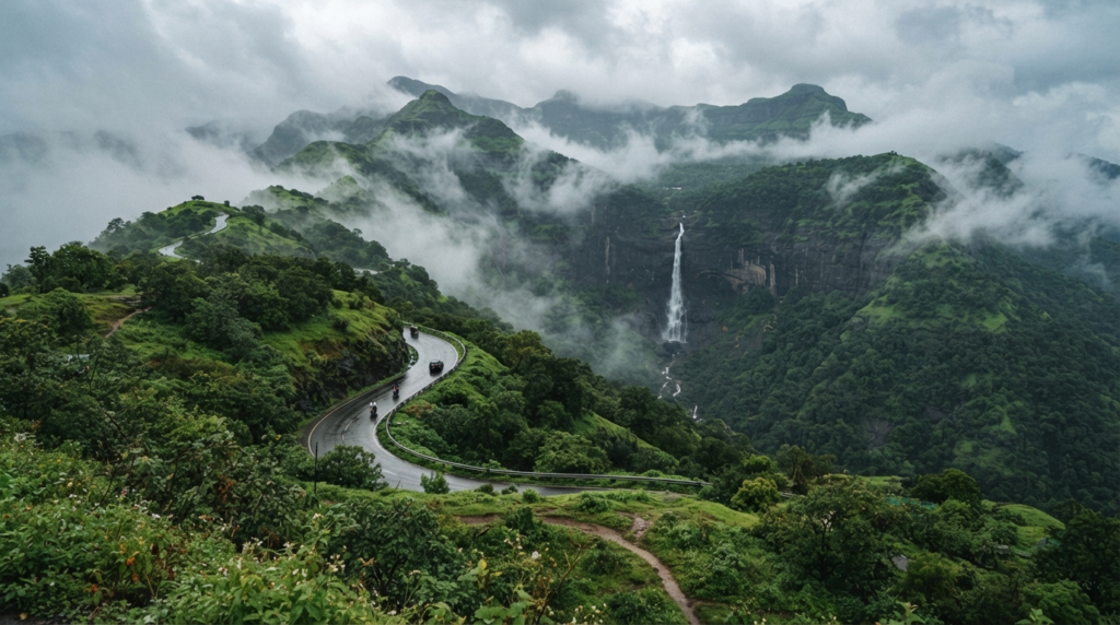 A wide-angle shot of a misty mountain pass in the Sahyadris with lush green slopes and a hidden waterfall in the background