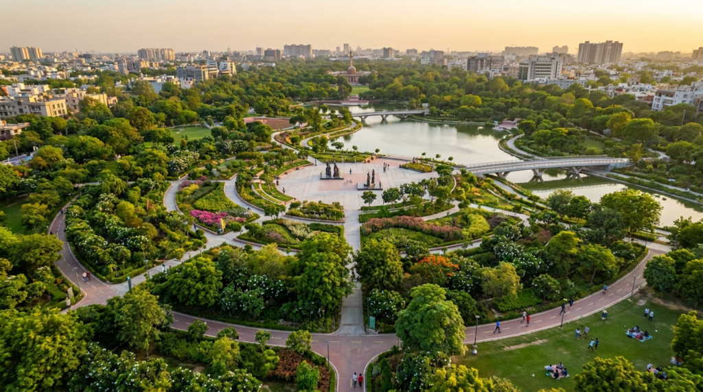 A drone shot showcasing a large, newly developed urban park in Delhi, with lush green trees, walking paths, and diverse flora, highlighting the city's commitment to increasing green cover.